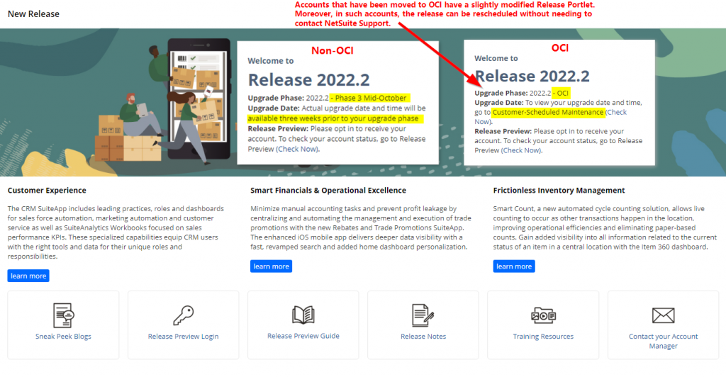 2022.2 Release Portlet illustrating OCI vs. Non-OCI