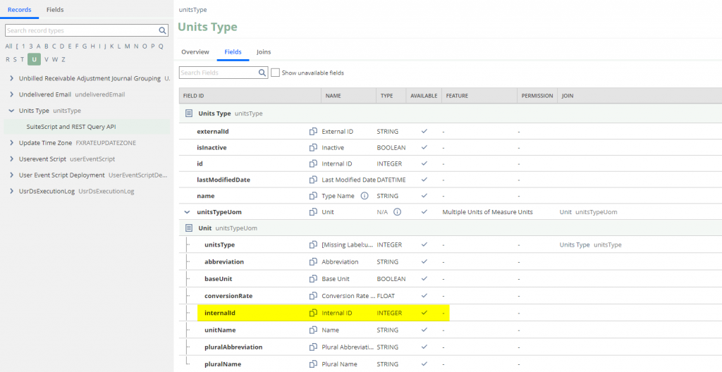 Units Types from the NetSuite record catalog. This data model is accessible via SuiteQL