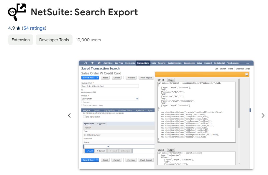 NetSuite search export chrome plugin by David Smith
