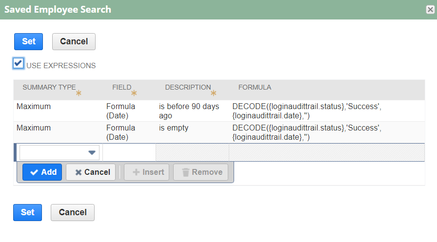 Sample saved search summary highlighting condition